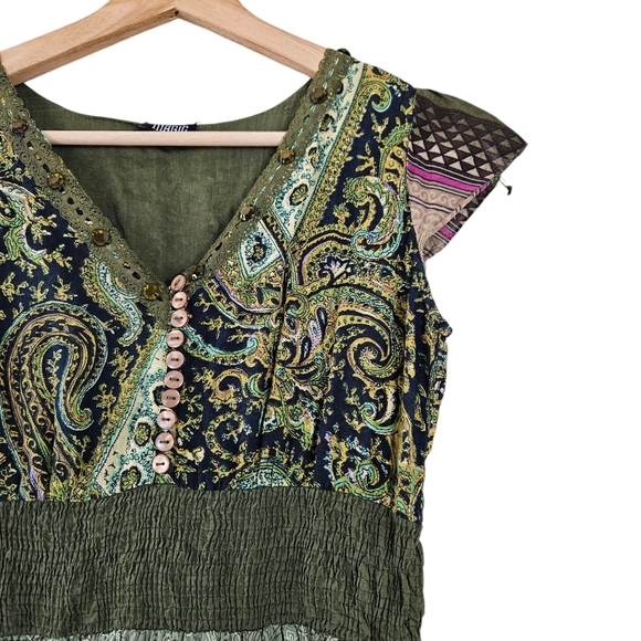 Magic Green Patchwork Cottagecore Fairycore Whimsical Midi Dress - Picture 3 of 7